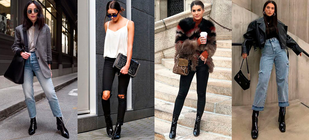 calça jeans e bota em verniz