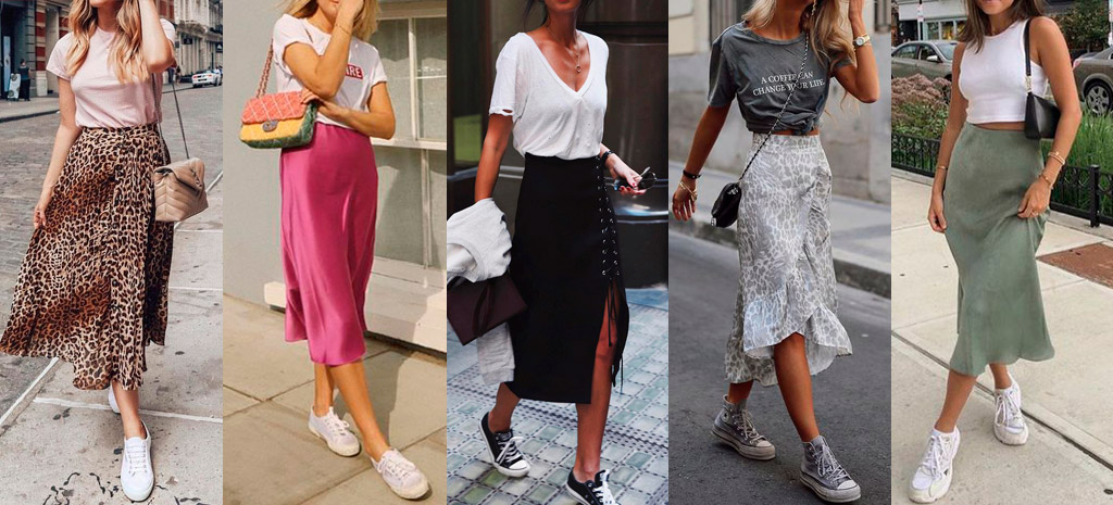 Look com tênis e saia midi