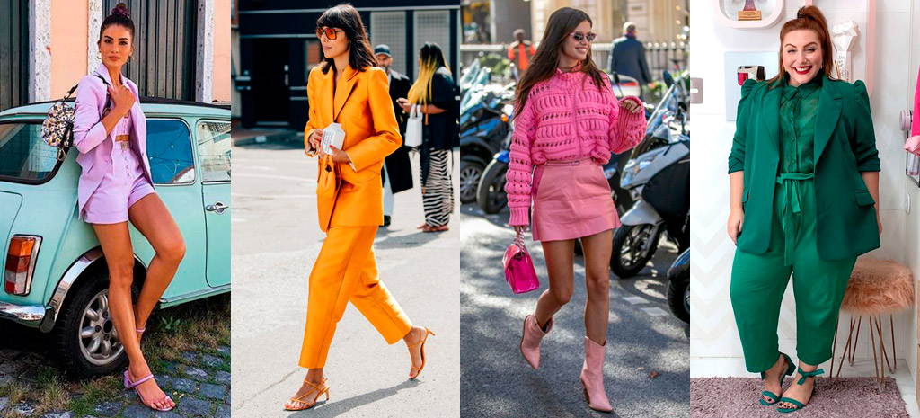 calçados coloridos em look monocromático