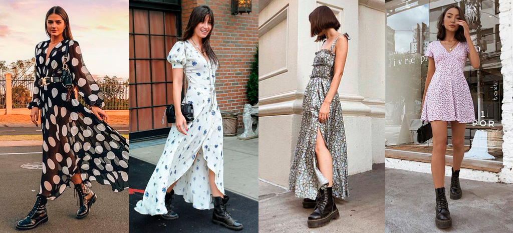 botas coturno com vestido romantico