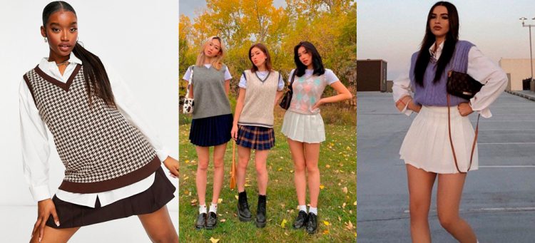 Looks no estilo colegial com colete de tricô