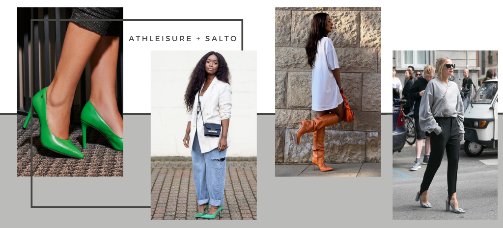 O salto + peças despojadas fazem parte do estilo athleisure. (Fotos: divulgação).
