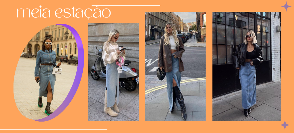 A saia longa jeans + bota oferece looks super estilosos para a meia-estação. (Fotos: divulgação).