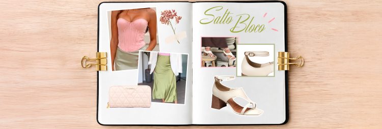 O tom pastel rosa no look se torna protagonista com o salto bloco e a carteira beges.
